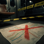 Detective chair sits in dim Metro train car with crime scene tape and red X on map.