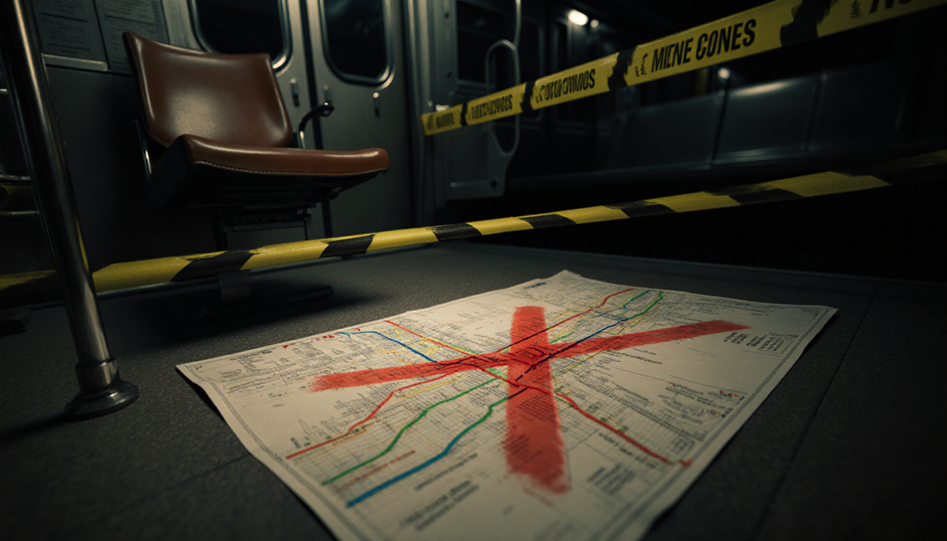 Detective chair sits in dim Metro train car with crime scene tape and red X on map.