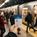 Person holding a $10 SoCal Day Pass stands at a train station platform with festive crowd and warm lighting.