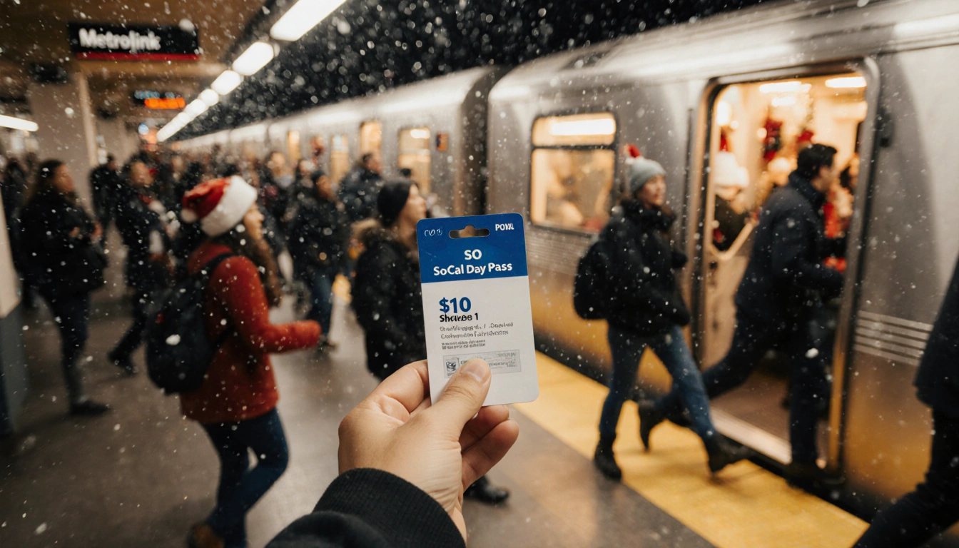 Person holding a $10 SoCal Day Pass stands at a train station platform with festive crowd and warm lighting.