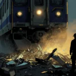 Metrolink train looming over crashed truck with shattered glass and a firefighter silhouette looking up.