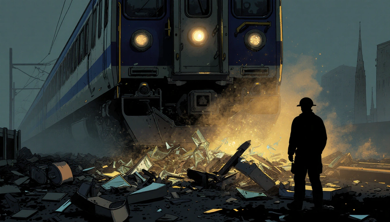 Metrolink train looming over crashed truck with shattered glass and a firefighter silhouette looking up.