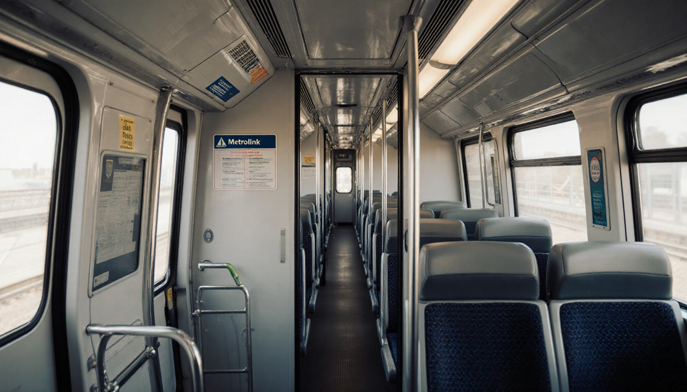 Metrolink train doors open with empty seats and a luggage rack indicating passenger safety.