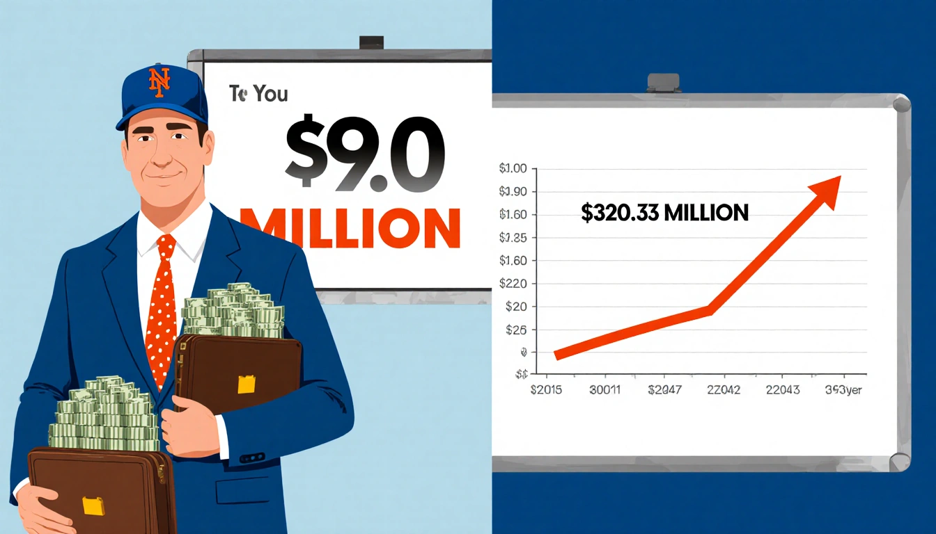 Steve Cohen stands holding a briefcase with bills and $91.6M behind him while a graph shows Mets tax bill rising to $320.3M