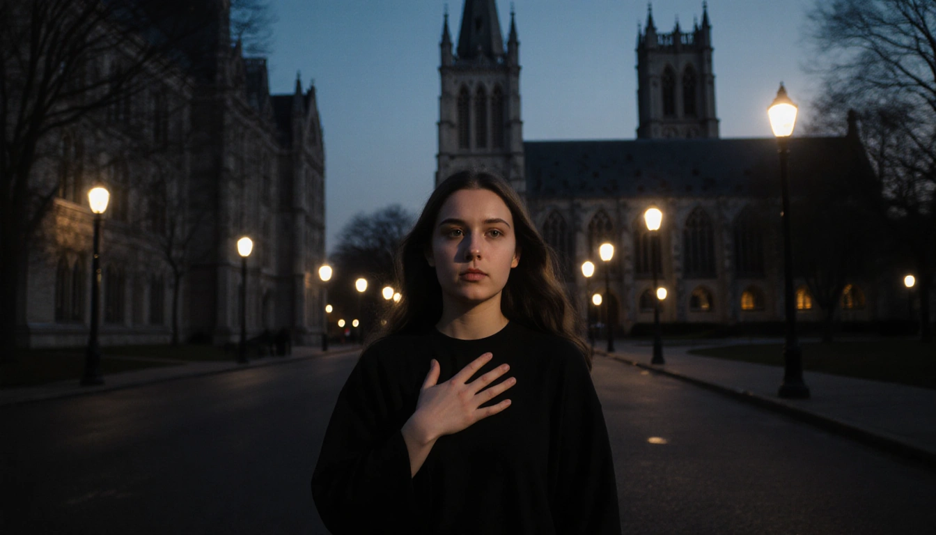 Mia Tretta stands with a determined expression and her hand on her chest near Brown University