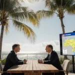 Two diplomats sit across a wooden table engaging in tense talk with hope for peace and screen showing Ukraine map palm trees.