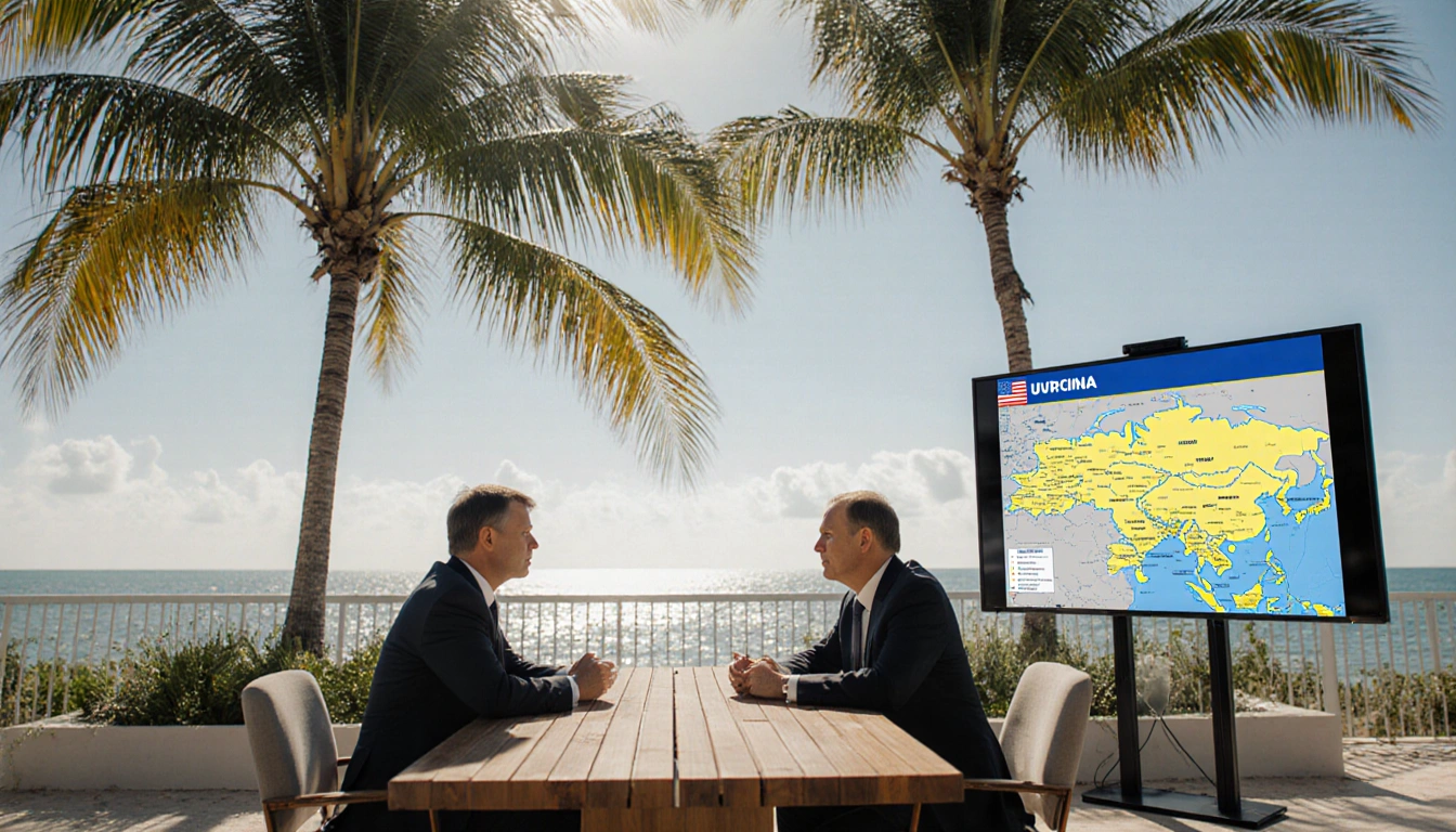 Two diplomats sit across a wooden table engaging in tense talk with hope for peace and screen showing Ukraine map palm trees.
