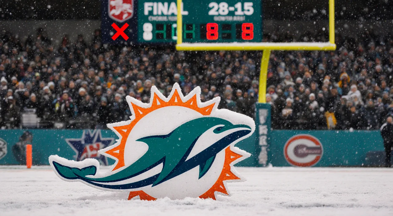 Scoreboard shows 28-15 with red X over opponent on night football field with frozen Miami Dolphins logo and snowfall