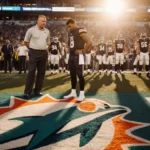 Coach Mike McDaniel stands beside Tua Tagovailoa with Miami Dolphins logo while Steelers bench celebrates in sunset glow.
