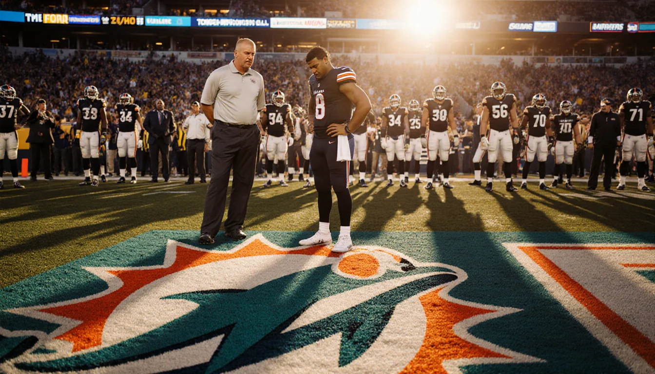 Coach Mike McDaniel stands beside Tua Tagovailoa with Miami Dolphins logo while Steelers bench celebrates in sunset glow.
