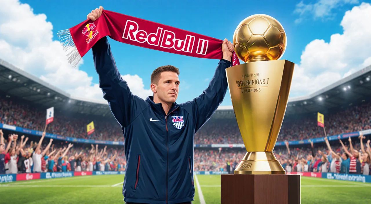 Michael Bradley raises arms triumphantly with a red scarf near a championship trophy beside a soccer stadium and blue sky