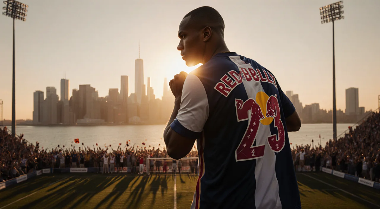 Michael Bradley standing proudly with Red Bulls jersey draped over his shoulder and New York City skyline at sunset.