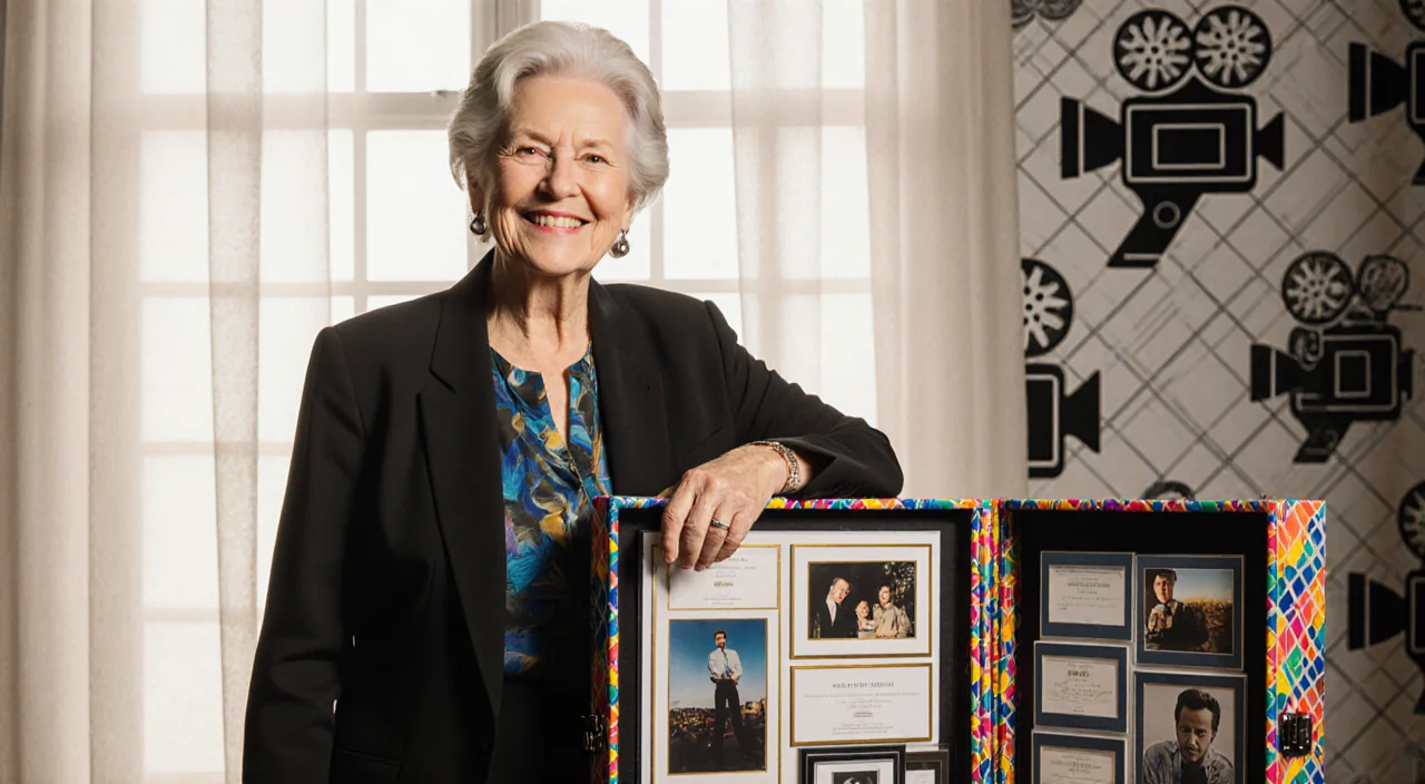 Michele Singer Reiner stands proudly beside a portfolio case with natural light pouring in and subtle Hollywood backdrop