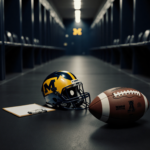 Football helmet lies abandoned with a standing football in a dim locker room of Michigan Stadium.
