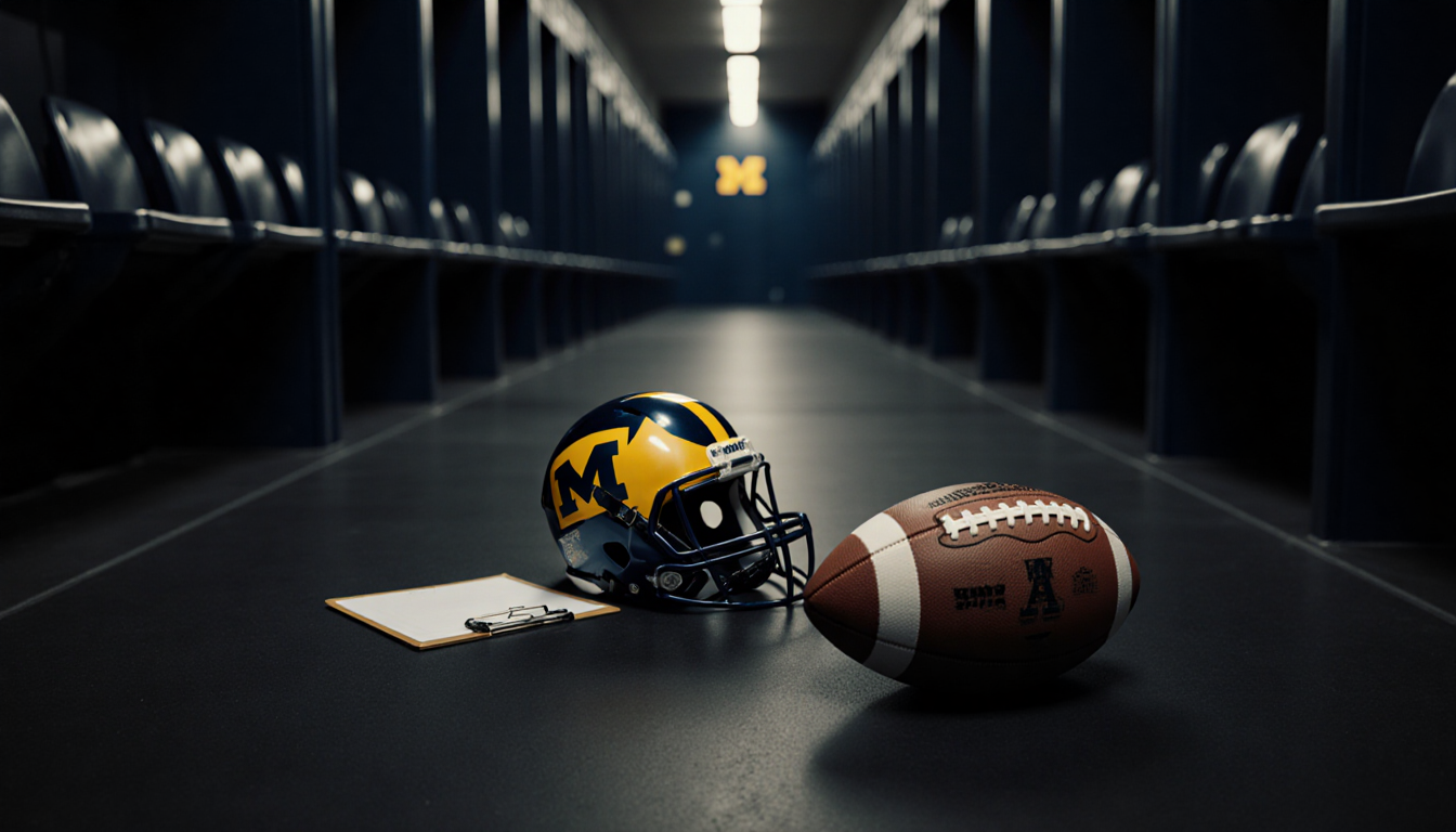 Football helmet lies abandoned with a standing football in a dim locker room of Michigan Stadium.