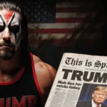 Mick Foley stands in ring gear and face paint with a dark WWE logo and newspaper headline Trump and flag