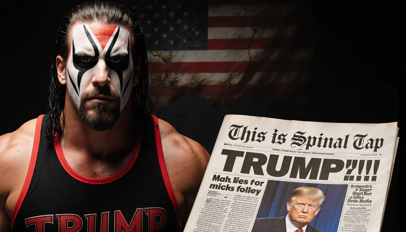 Mick Foley stands in ring gear and face paint with a dark WWE logo and newspaper headline Trump and flag