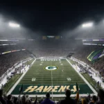 Fans cheering in packed Lambeau Field with bright stadium lights and midfield logo