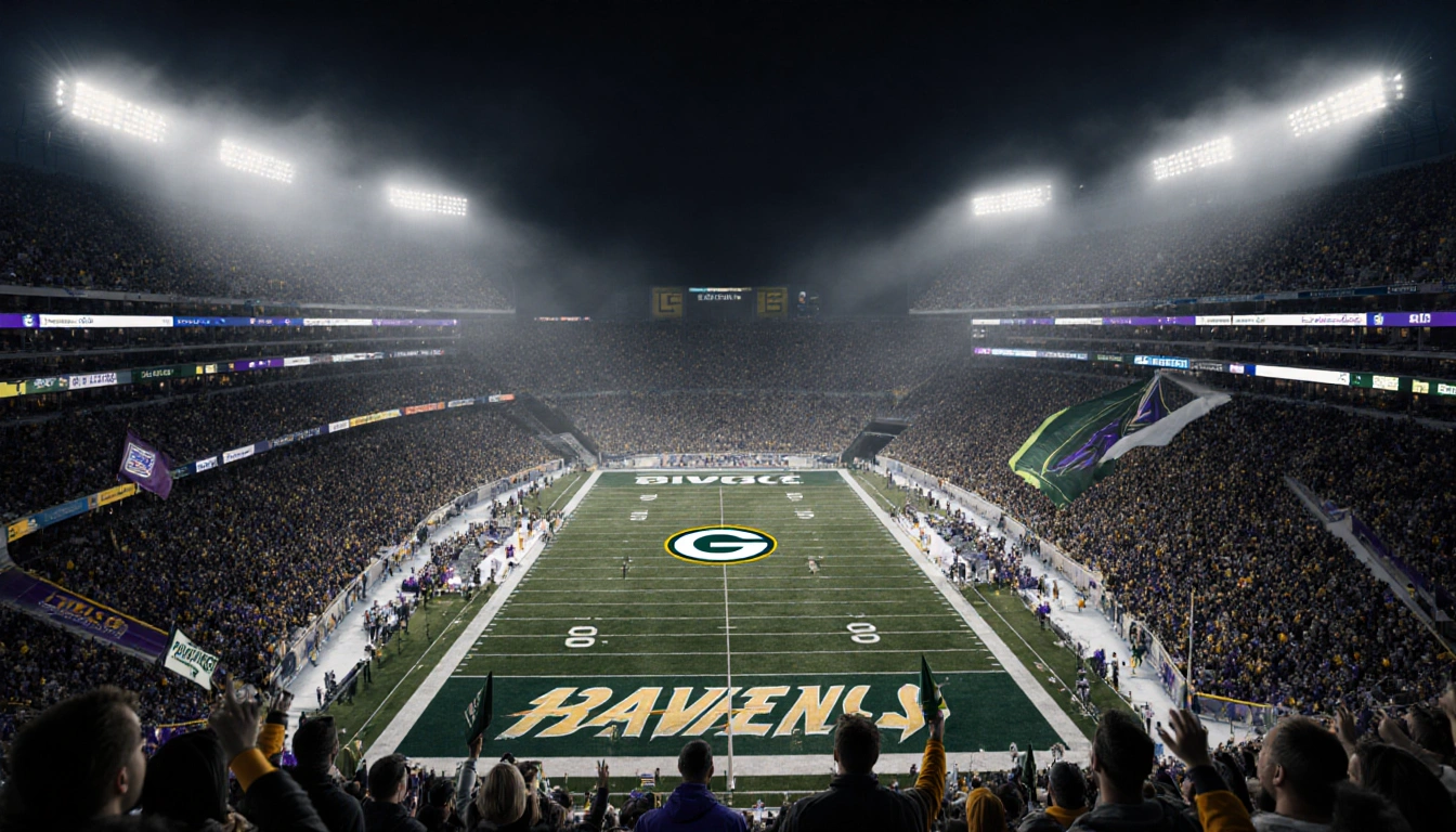 Fans cheering in packed Lambeau Field with bright stadium lights and midfield logo