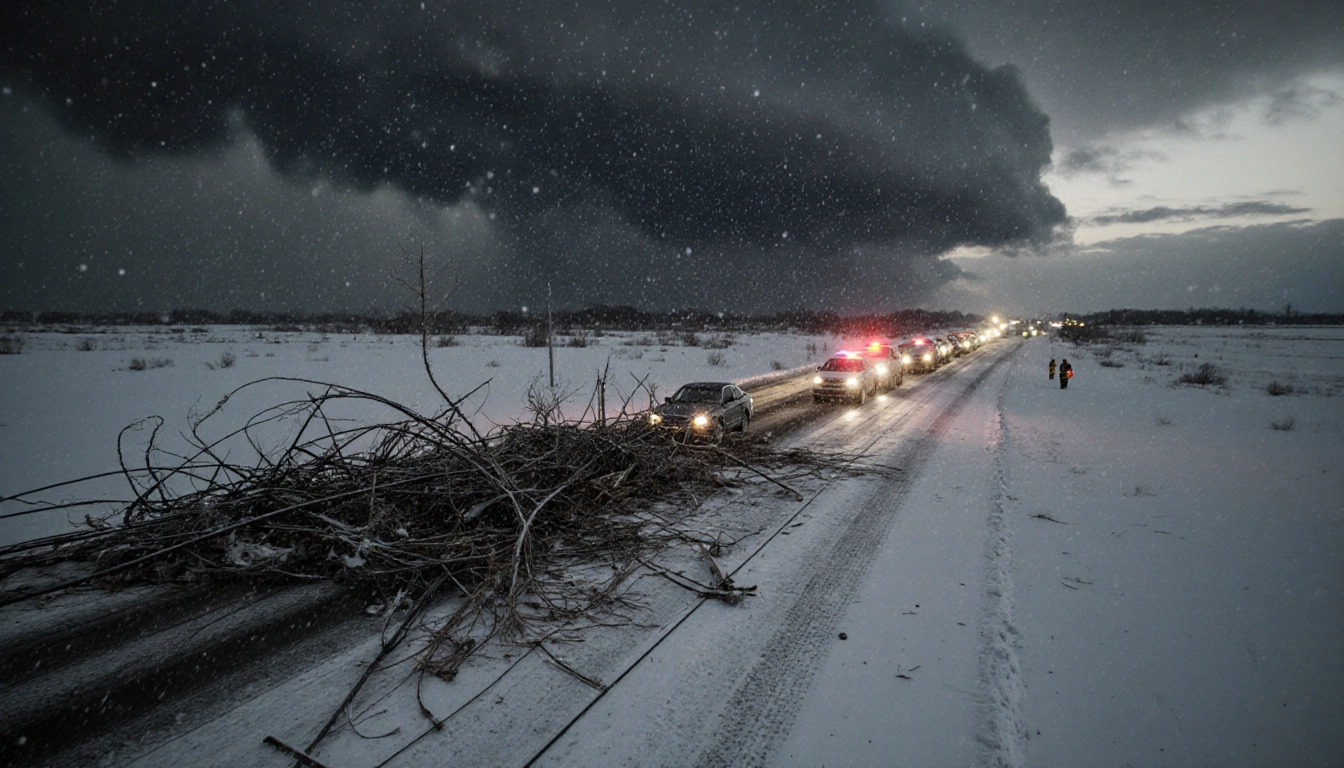 Stranded cars glowing with warm headlights on a snow-covered highway with tangled downed power lines and looming storm cloud.