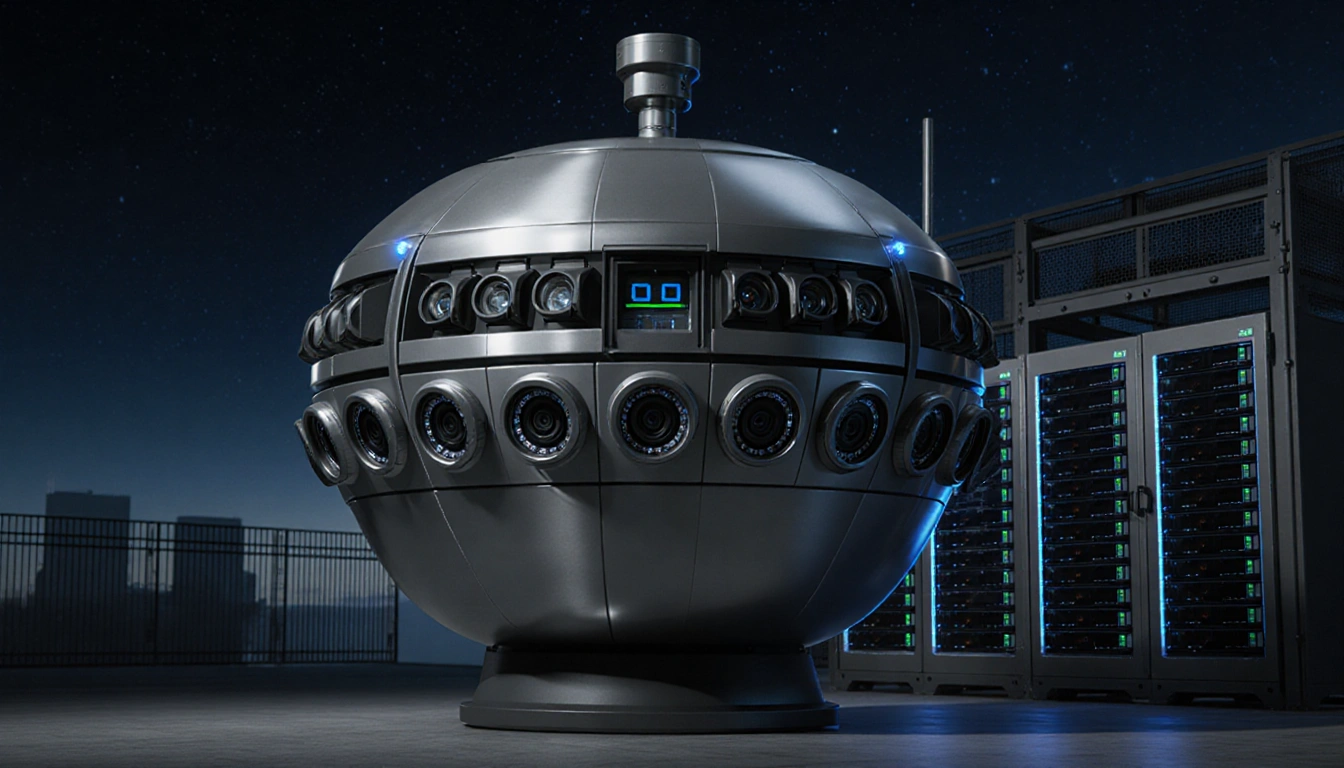 Futuristic camera pod monitoring with LiDAR radar and thermal sensors and servers in enclosure