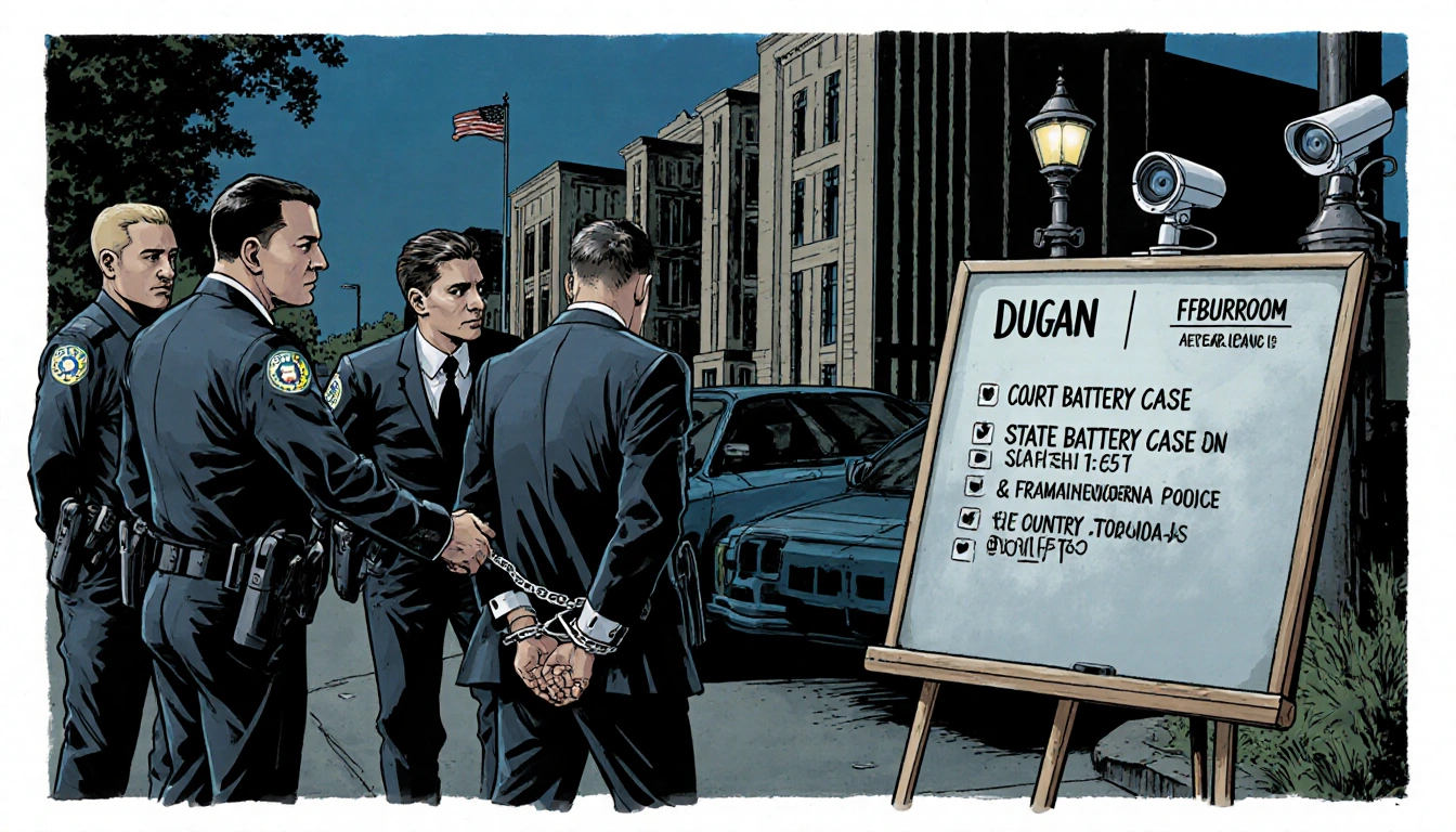 Eduardo Flores‑Ruiz is led away in handcuffs by FBI agents with police lights and chalkboard schedule arrest Courthouse