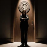 Judge Hannah Dugan standing at a low-angle view with a slightly ajar wooden door and a federal seal above