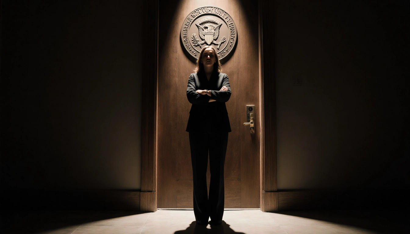 Judge Hannah Dugan standing at a low-angle view with a slightly ajar wooden door and a federal seal above
