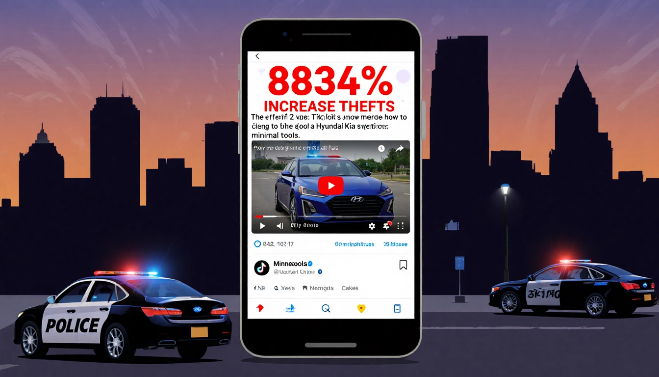 Smartphone shows TikTok video about stealing a car with minimal tools and 836% theft increase against Minneapolis skyline.