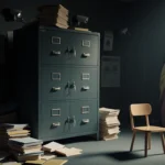 Empty day care chair stands alone with spilling FBI files and muted security cameras.