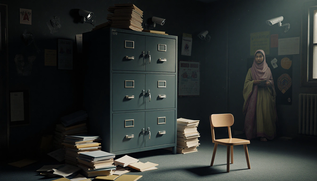 Empty day care chair stands alone with spilling FBI files and muted security cameras.