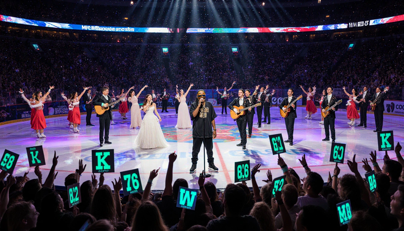 Snoop Dogg stands at mic with K-pop dancers and opera singers while fans in attire hold glow signs reflecting rink lights