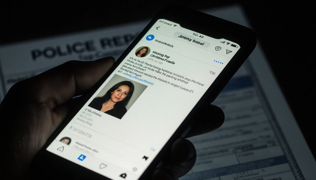 Phone screen shows missing person report with Christina photo and soft notifications hinting urgent plea