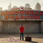 Missouri fan standing before Arrowhead Stadium sign with suitcase and ticket stubs heartbreak for Kansas City Chiefs in light