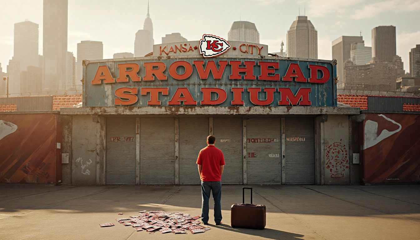 Missouri fan standing before Arrowhead Stadium sign with suitcase and ticket stubs heartbreak for Kansas City Chiefs in light