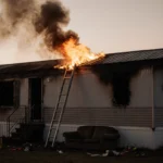 Flames searing a mobile home exterior with smoke rising from the chimney and a firefighter ladder leaning nearby.
