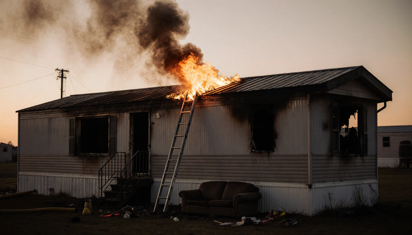 Flames searing a mobile home exterior with smoke rising from the chimney and a firefighter ladder leaning nearby.
