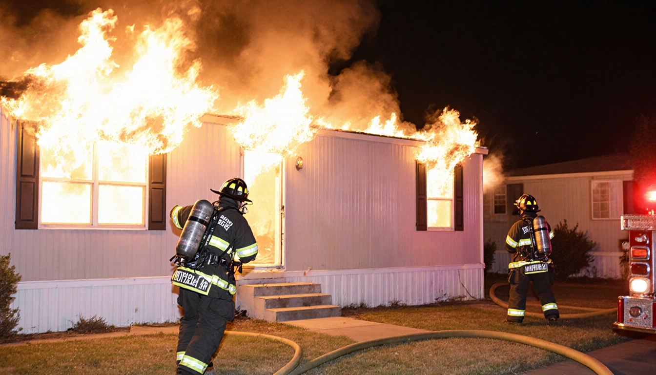 Firefighter checking for life inside burning mobile home with breathing gear and hose attacking flames