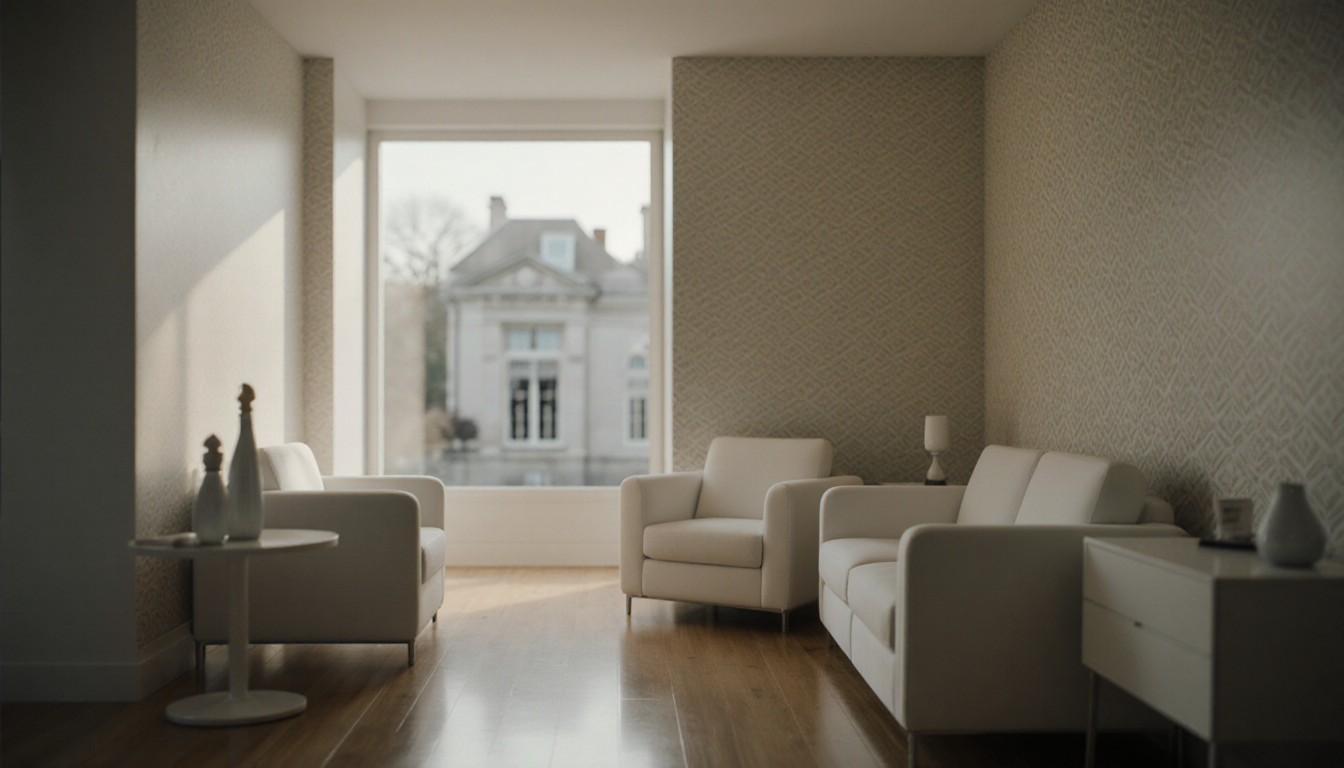 Modern white furnishings line the room with a blurred classic home visible through a window in a clinical atmosphere.