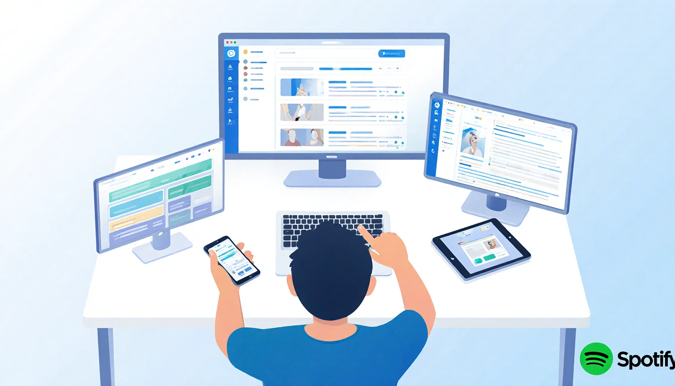 Person moving fingers across laptop tablet and smartphone with collaboration setup and productive Spotify playlist corner