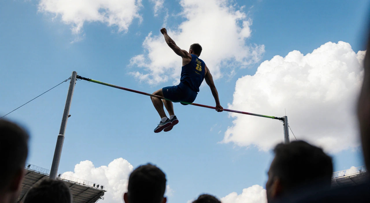 Mondo Duplantis vaults over the pole vault bar with a bright blue sky and a blurred crowd below.