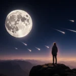 Lone figure standing at hill edge gazing at sky with a supermoon and faint meteors across horizon