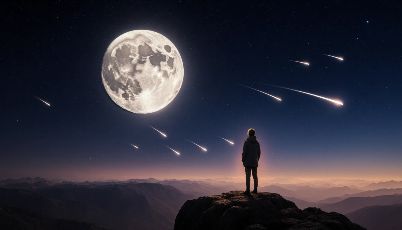 Lone figure standing at hill edge gazing at sky with a supermoon and faint meteors across horizon