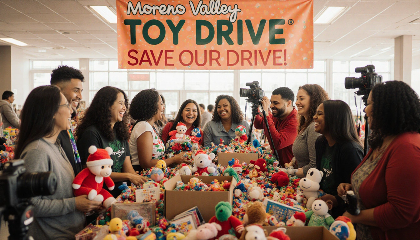 Volunteers gather around toy drive table with colorful boxes and banner overhead in community event
