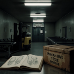 Forklift truck stands beside crate labeled Human Tissue with flickering fluorescent lights.
