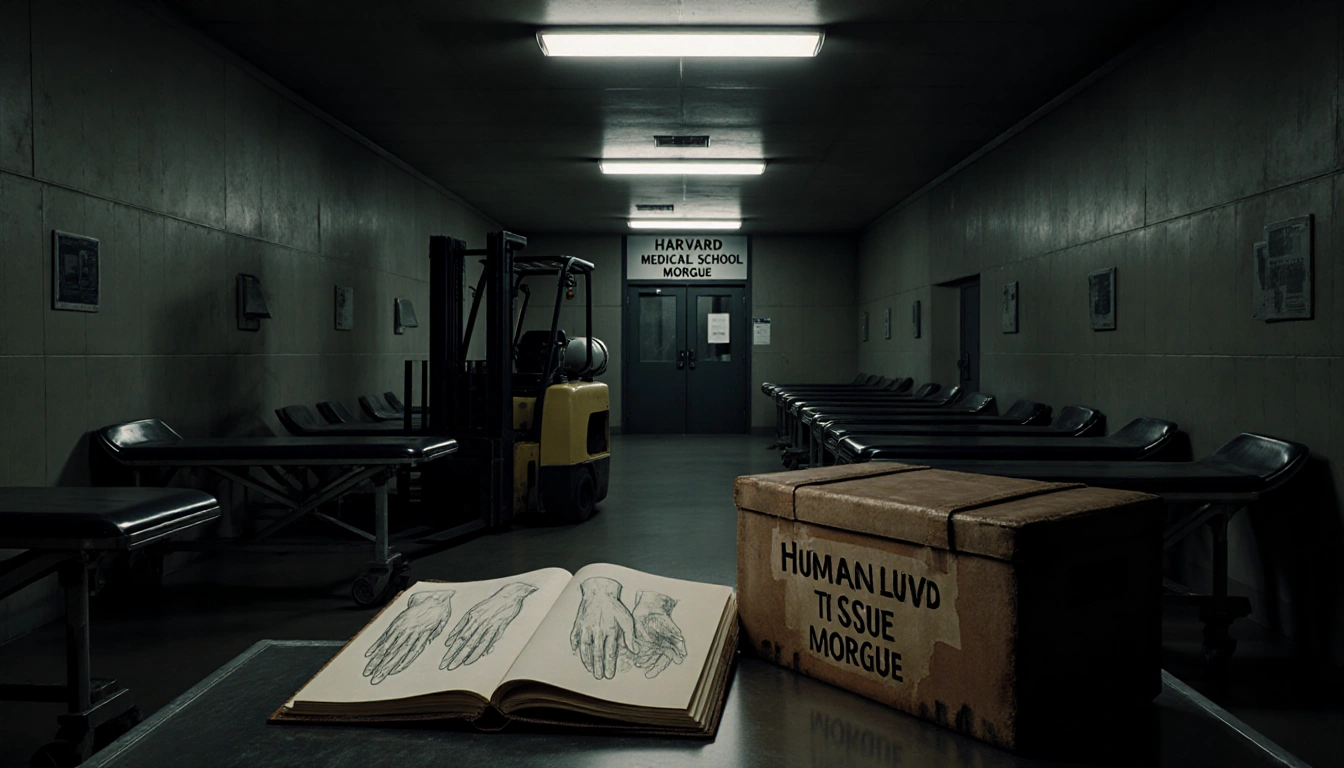 Forklift truck stands beside crate labeled Human Tissue with flickering fluorescent lights.