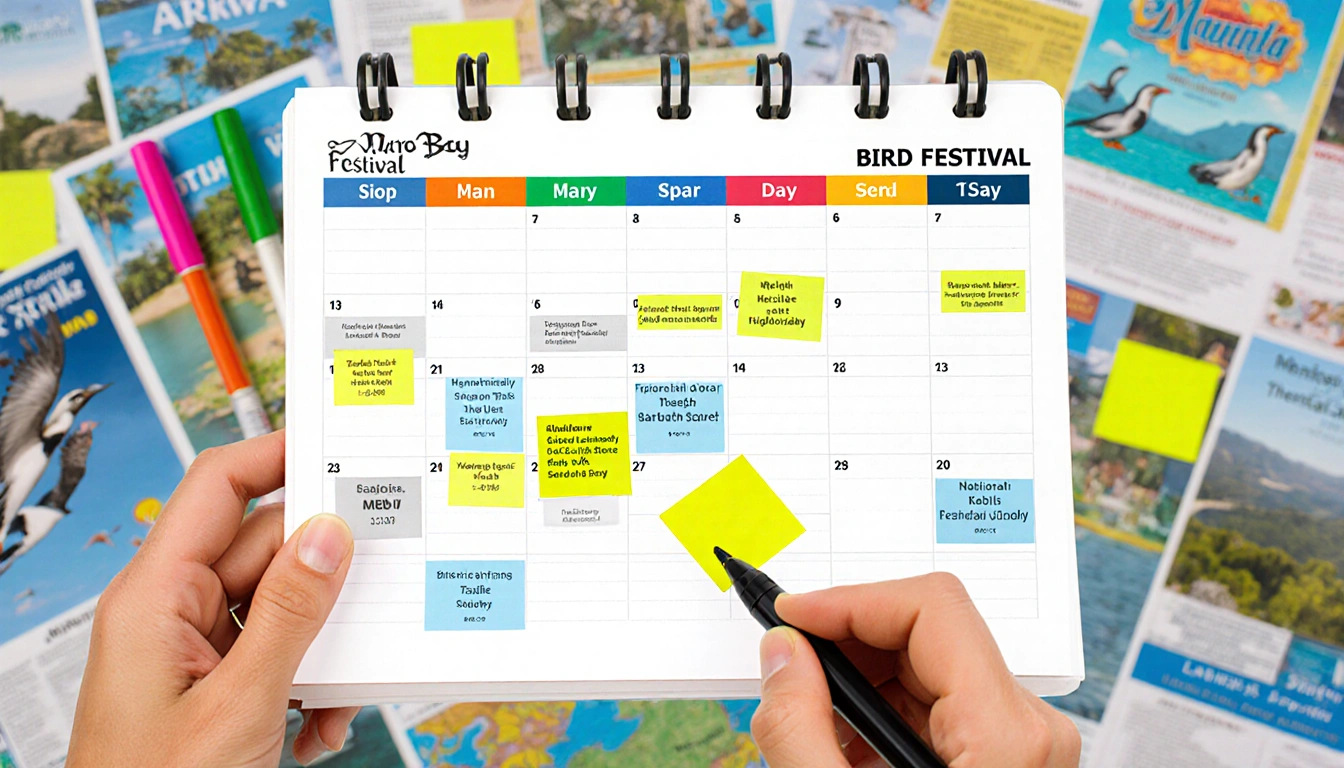 Calendar opening with colorful dates and event notes and a hand near blurred festival flyers for Morro Bay Bird Festival.