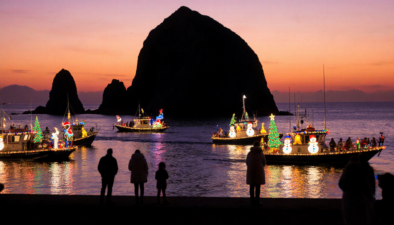 Boats glide past Morro Rock with LED lights and Christmas snowmen in Morro Bay boat parade