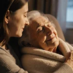 Mother holds frail grandmother wrapped in a warm blanket with soft golden light and a hint of winter blue outside the window