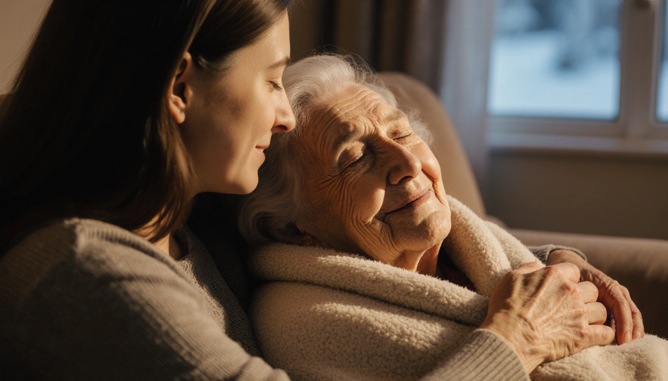 Mother holds frail grandmother wrapped in a warm blanket with soft golden light and a hint of winter blue outside the window